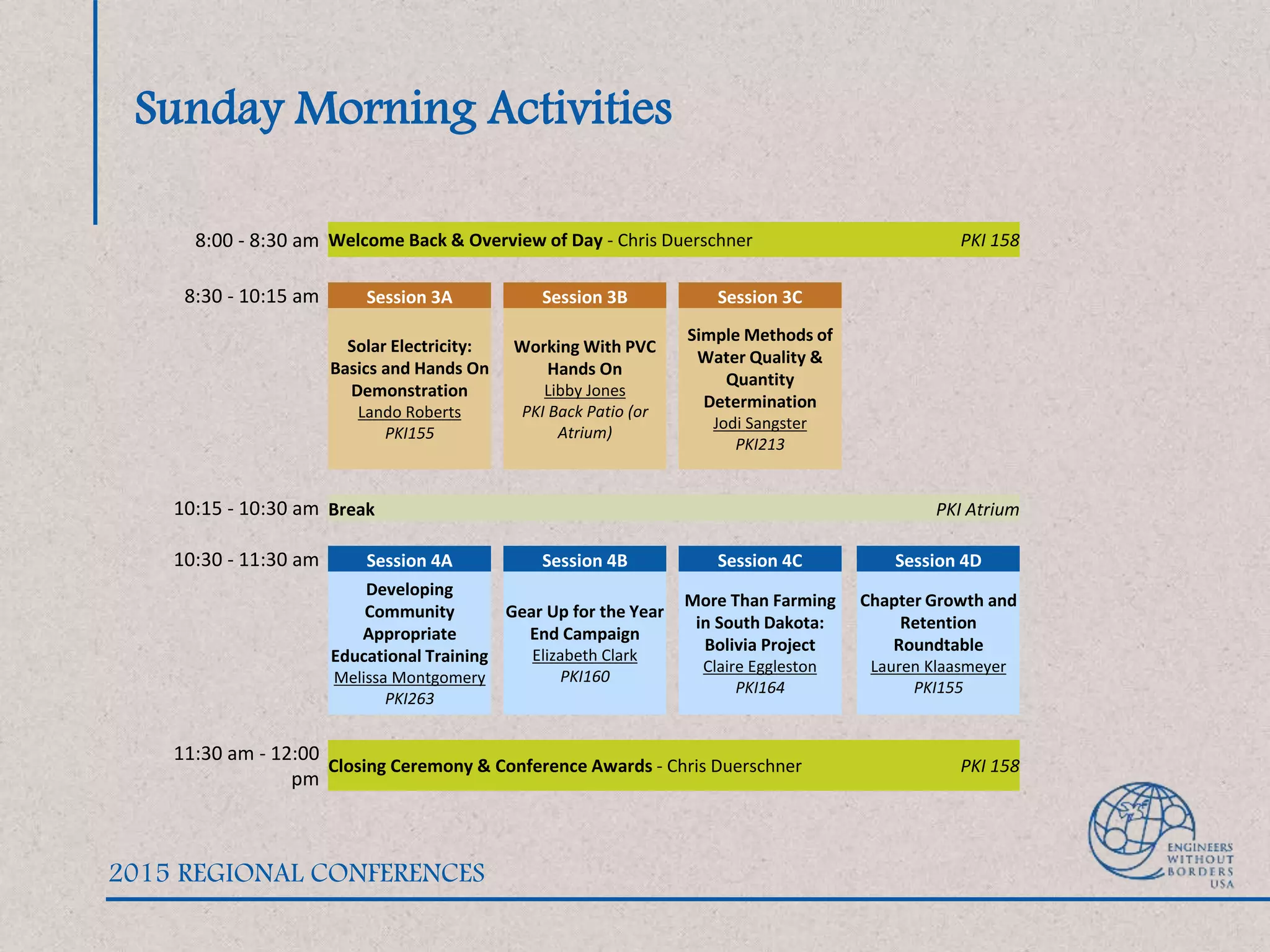 Sunday Morning Activities
2015 REGIONAL CONFERENCES
8:00 - 8:30 am Welcome Back & Overview of Day - Chris Duerschner PKI 158
8:30 - 10:15 am Session 3A Session 3B Session 3C
Solar Electricity:
Basics and Hands On
Demonstration
Lando Roberts
PKI155
Working With PVC
Hands On
Libby Jones
PKI Back Patio (or
Atrium)
Simple Methods of
Water Quality &
Quantity
Determination
Jodi Sangster
PKI213
10:15 - 10:30 am Break PKI Atrium
10:30 - 11:30 am Session 4A Session 4B Session 4C Session 4D
Developing
Community
Appropriate
Educational Training
Melissa Montgomery
PKI263
Gear Up for the Year
End Campaign
Elizabeth Clark
PKI160
More Than Farming
in South Dakota:
Bolivia Project
Claire Eggleston
PKI164
Chapter Growth and
Retention
Roundtable
Lauren Klaasmeyer
PKI155
11:30 am - 12:00
pm
Closing Ceremony & Conference Awards - Chris Duerschner PKI 158
 
