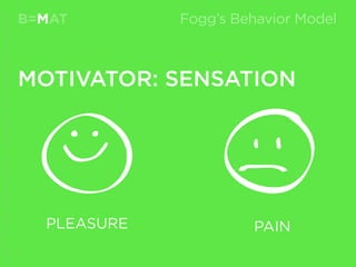 MOTIVATOR: SENSATION
PLEASURE PAIN
B=MATM
Source:http://www.behaviormodel.org/PresentedbyKristenSunde:11/26/14atTradecraft
Fogg’s Behavior Model
 