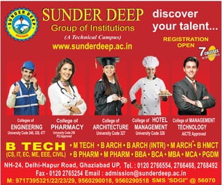 discover
                                                                                      your talent...
                                                                                             REGISTRATION
                                                                                                 OPEN




University Code 240, 328, 477   University Code 259   University Code 327   University Code 326   AICTE Approved
                                   PCI Approved




M: 9717395321/22/23/29, 9560290018, 9560290518 SMS 'SDGI" @ 56070
 