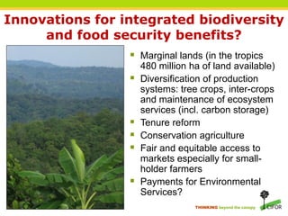 Innovations for integrated biodiversity
     and food security benefits?
                  Marginal lands (in the tropics
                     480 million ha of land available)
                    Diversification of production
                     systems: tree crops, inter-crops
                     and maintenance of ecosystem
                     services (incl. carbon storage)
                    Tenure reform
                    Conservation agriculture
                    Fair and equitable access to
                     markets especially for small-
                     holder farmers
                    Payments for Environmental
                     Services?
                                  THINKING beyond the canopy
 