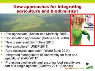 New approaches for integrating
           agriculture and biodiversity?




   “Eco-agriculture” (Scherr and McNeely 2006)
   “Conservation agriculture” (Hobbs et al. 2006)
   “New green revolution” (Time 2010)
   “New agriculture” (UNDP 2011)
   “Agro-ecological approach” (World Bank 2011)
   “Integrated management of biodiversity for food and
    agriculture” (FAO 2011)’
   “Protecting biodiversity and ensuring food security are
    part of a single agenda” (Godfray 2011: Science)
                                               THINKING beyond the canopy
 