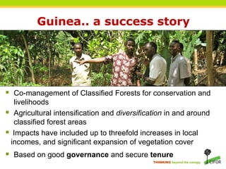 Guinea.. a success story




 Co-management of Classified Forests for conservation and
  livelihoods
 Agricultural intensification and diversification in and around
  classified forest areas
 Impacts have included up to threefold increases in local
 incomes, and significant expansion of vegetation cover
 Based on good governance and secure tenure
                                              THINKING beyond the canopy
 