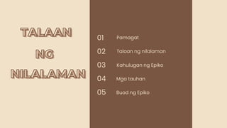 Pamagat
Talaan ng nilalaman
02
Kahulugan ng Epiko
03
Mga tauhan
04
Buod ng Epiko
05
01
TALAAN
TALAAN
NILALAMAN
NILALAMAN
NG
NG
 
