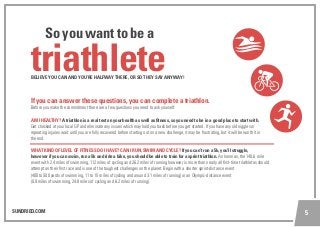 SUNDRIED.COM 5
If you can answer these questions, you can complete a triathlon.
Before you make the commitment there are a few questions you need to ask yourself:
AM I HEALTHY? A triathlon is a real test on your health as well as fitness, so you need to be in a good place to start with.
Get checked at your local GP and eliminate any issues which may hold you back before you get started. If you have any old niggles or
repeating injuries wait until you are fully recovered before starting out on a new challenge, it may be frustrating, but it will be worth it in
the end.
WHAT KIND OF LEVEL OF FITNESS DO I HAVE? CAN I RUN, SWIM AND CYCLE? If you can’t run a 5k, you’ll struggle,
however if you can swim, run a 5k and ride a bike, you should be able to train for a sprint triathlon. An Ironman, the 140.6 mile
event with 2.4 miles of swimming, 112 miles of cycling and 26.2 miles of running however, is more than nearly all first-time triathletes should
attempt on their first race and is one of the toughest challenges on the planet. Begin with a shorter sprint-distance event
(400 to 500 yards of swimming, 11 to 15 miles of cycling and around 3.1 miles of running) or an Olympic-distance event
(0.9 miles of swimming, 24.8 miles of cycling and 6.2 miles of running).
triathlete
So you want to be a
BELIEVE YOU CAN AND YOU’RE HALFWAY THERE, OR SO THEY SAY ANYWAY!
 