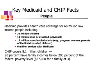 Key Medicaid and CHIP Facts People Medicaid provides health care coverage for 68 million low income people including: 33 million children 11 million blind or disabled individuals 17 million non-disabled adults (e.g., pregnant women, parents of Medicaid-enrolled children) 6 million seniors with Medicare CHIP covers 8.1 million children —  90 percent have family incomes below 200 percent of the federal poverty level ($37,060 for a family of 3) 