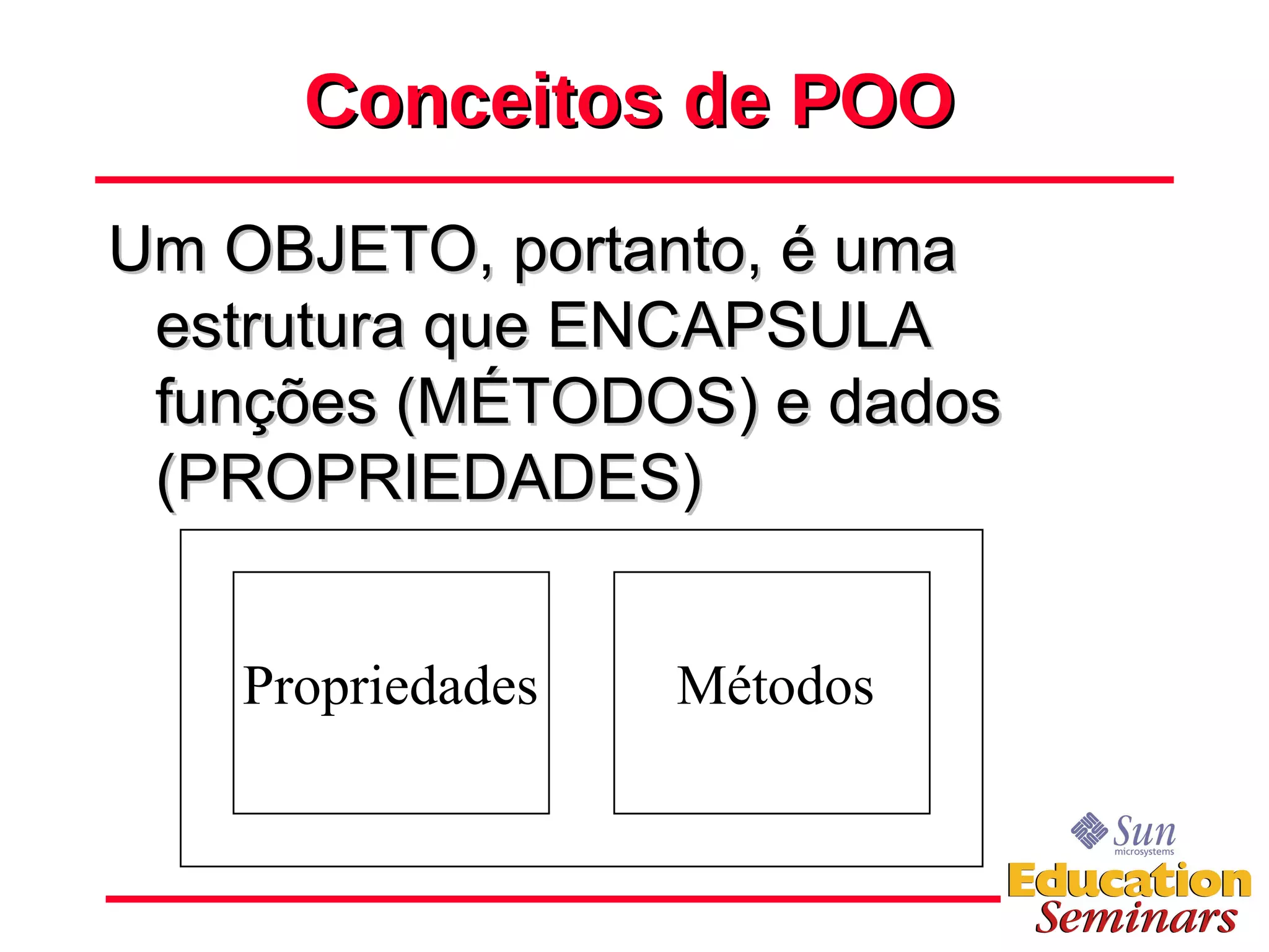 Conceitos de POO Um OBJETO, portanto, é uma estrutura que ENCAPSULA funções (MÉTODOS) e dados (PROPRIEDADES) Propriedades Métodos 
