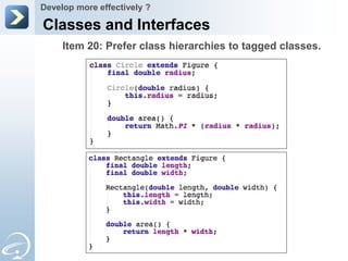 Develop more effectively ?

Classes and Interfaces
     Item 20: Prefer class hierarchies to tagged classes.
 