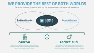 Classification: Internal
WE PROVIDE THE BEST OF BOTH WORLDS
We are a strategic investor with strong emphasis on our non-cash value-add
CAPITAL ROCKET FUEL
Traditional investors
Provide financial value
Corporate Partners
Provide strategic value
+
We invest on typical investor terms, provide value
through strategic input, building management teams
and driving operational efficiencies
We provide strategic value through unlocking our
unique non-cash value add from our position as the
leading transportation and logistics company globally
GROWTH
MAERSK
 
