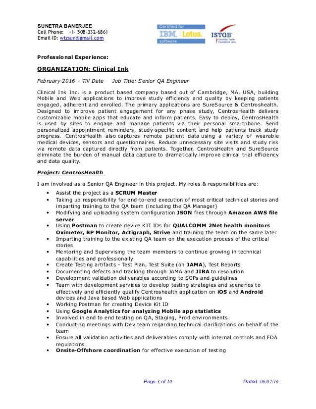 sunetra banerjee sr qa engineer project lead resume