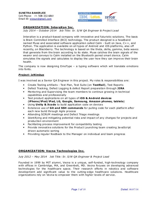 sunetra banerjee sr qa engineer project lead resume