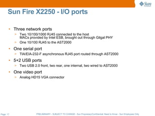 Sun Fire X2250 - I/O ports

       • Three network ports
           > Two 10/100/1000 RJ45 connected to the host
             MACs provided by Intel ESB, brought out through Gilgal PHY
           > One 10/100 RJ45 to the AST2000

       • One serial port
           >   TIA/EIA-232-F asynchronous RJ45 port routed through AST2000
       • 5+2 USB ports
           >   Two USB 2.0 front, two rear, one internal, two wired to AST2000
       • One video port
           >   Analog HD15 VGA connector




Page: 17                 PRELIMINARY - SUBJECT TO CHANGE - Sun Proprietary/Confidential: Need to Know - Sun Employees Only
 