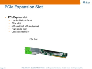 PCIe Expansion Slot

       • PCI-Express slot
           >   Low Profile form factor
           >   PCIe v1.0
           >   x16 electrical, x16 mechanical
           >   Right-angle riser
           >   Connected to MCH


                                     PCIe Riser




Page: 18                 PRELIMINARY - SUBJECT TO CHANGE - Sun Proprietary/Confidential: Need to Know - Sun Employees Only
 