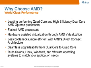 Why Choose AMD?
         World Class Performance


         • Leading performing Quad-Core and High Efficiency Dual Core
           AMD Opteron processors
         • Fastest AMD processors
         • Hardware assisted virtualization through AMD Virtualization
         • Less bottlenecks, more efficient with AMD's Direct Connect
           Architecture
         • Seamless upgradeability from Dual Core to Quad Core
         • Runs Solaris, Linux, Windows, and VMware operating
           systems to match your application needs

Page 7                        Sun Microsystems Presentation for Customers
 