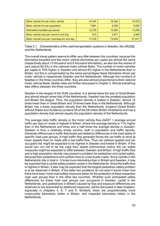 Motor vehicle km per motor vehicle                  14,344             16,262            15,079
 Motor vehicle km per population                       7,881             8,055             8,050
 Kilometres travelled per person                     13,735             12,994            13,256
 Motor vehicle kms per road km and day                  913              3,271             2,948
 Motor vehicle kms per motorway km and day           17,418             74,404            61,671


Table 2.1. Characteristics of the road transportation systems in Sweden, the UK(GB),
and the Netherlands

The overall travel pattern seems to differ very little between the countries, because the
kilometres travelled and the motor vehicle kilometres per capita are almost the same
(respectively about 13 thousand and 8 thousand kilometres), as also are the shares of
cars (about 82.5%) in the national motor vehicle fleets. The number of motor vehicles
per capita is 10% higher in Sweden and almost 8% higher in the Netherlands than in
Britain, but this is compensated by the same percentages fewer kilometres driven per
motor vehicle in respectively Sweden and the Netherlands. Although the numbers of
fatalities in the three countries differ, they are also almost proportional to their national
motor vehicle fleets; fatality rates are further discussed in chapter 3. Almost everything
else differs between the three countries.

Sweden is the largest of the SUN countries. It is almost twice the size of Great Britain
and almost eleven times that of the Netherlands. Sweden has the smallest population
and Britain the largest. Thus, the population density is lowest in Sweden: almost 12
times lower than in Great Britain and 19 times lower than in the Netherlands. Although
Britain has a lower population density than the Netherlands, England (Great Britain
without Wales and Scotland) contains 50 of the 58 million British inhabitants and has a
population density that almost equals the population density of the Netherlands.

The average daily traffic density or the motor vehicle flow (AADT = average annual
traffic per day) on roads is highest in Britain, where the average density is 11% higher
than in the Netherlands and three and a half times the average density in Sweden.
Sweden is thus a relatively empty country, both in population and traffic density.
Generally differences in traffic flow levels are related to differences in the road safety of
specific road user groups. A high traffic flow generally forces the car traffic to drive at
lower speeds than on roads with a low traffic flow. Thus car collision speeds and car
occupant risk might be expected to be highest in Sweden and lowest in Britain. If this
would turn out not to be the case then speed enforcement and/or the car safety
measures might be expected to differ between Sweden and Britain. A high traffic flow
and a high population density may present a problem for pedestrian and cyclist safety,
because then pedestrians and cyclists have to cross busier roads. Since cyclists in the
Netherlands ride in total 4 - 5 times more kilometres than in Britain and Sweden, it may
be expected that a cyclist safety problem exists in the Netherlands. Since the traffic flow
is highest in Britain, it also may be expected that the largest pedestrian safety problem
is to be observed in Britain. If the latter two problems do not exist it would mean that
there have been more road safety measures taken for the protection of these respective
road user groups than in the other two countries. Whether such anticipated safety
differences for these road user groups (car occupants in Sweden, cyclist in the
Netherlands, and pedestrians in Britain) caused by flow and exposure differences are
observed or are prevented by additional measures, will be discussed in later chapters,
especially in chapters 3, 6, 7 and 8. Similarly, there are proportionately more
motorcyclist kilometres ridden in Britain, and mopedist kilometres ridden in the
Netherlands.

                                                                                          23
 