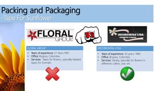 Packing and Packaging
-Tape For Sunflower-
FLORAL GROUP
• Years of experience: 27 Years,1987
• Office: Bogota, Colombia
• Services: Tapes for flowers, specially labeled
tapes for funerals.
DECORCINTAS LTDA
• Years of experience: 34 years, 1980
• Office: Bogota, Colombia
• Services: Variety, specially for flowers in
differents collors, size, etc.
 