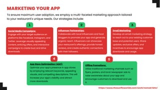 Influencer Partnerships:
Collaborate with local influencers and food
bloggers to promote your app and generate
organic reach. Influencers can showcase
your restaurant's offerings, provide honest
reviews, and create authentic connections
with their followers.
Social Media Campaigns:
Engage with your target audience on
platforms like Facebook, Instagram, and
Twitter. Leverage visually appealing
content, enticing offers, and interactive
campaigns to create buzz and drive
downloads.
To ensure maximum user adoption, we employ a multi-faceted marketing approach tailored
to your restaurant's unique needs. Our strategies include:
App Store Optimization (ASO):
Optimize your app's presence in app stores
by employing relevant keywords, appealing
visuals, and compelling descriptions. This will
increase your app's visibility and attract
more downloads.
Email Marketing:
Develop an email marketing strategy
to reach out to your existing customer
base and potential users. Share
updates, exclusive offers, and
incentives to encourage app
downloads and usage.
MARKETING YOUR APP
Offline Promotions:
Utilize traditional marketing channels such as
flyers, posters, and local newspaper ads to
raise awareness about your app and
encourage customers to download and use
it.
1 2 3
5
4
https://www.thesunflowerlab.com/work/nomad-bite/
 