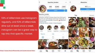 59% of Millennials use Instagram
regularly, and 53% of Millennials
dine out at least once a week.
Instagram can be a great way to
tap into that specific market.
https://www.thesunflowerlab.com/work/nomad-bite/
 