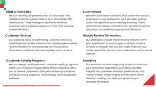 We can develop AI-powered chat or voice bots that
handle customer queries, take orders, and assist with
reservations. These intelligent assistants enhance
customer service, reduce response times, and improve
overall efficiency.
Chat or Voice Bot
Customer Service
Our solutions focus on optimizing customer service by
providing features like instant order updates, personalized
recommendations, and seamless communication
channels to address customer inquiries and concerns.
Customer Loyalty Program
We can design and implement customer loyalty programs
within your restaurant application. These programs allow
you to reward customers, offer personalized promotions,
and build strong customer relationships, fostering repeat
business.
Automations
We offer automation solutions that streamline various
processes in your restaurant, such as order routing,
table management, and inventory tracking. These
automations reduce manual errors, optimize resource
allocation, and enhance operational efficiency.
Google Review Generation
Our strategies include implementing features within
your application to encourage customers to leave
reviews on Google. This solution helps improve your
online reputation, attract more customers, and increase
visibility.
Analytics
Our solutions include integrating analytics tools into
your restaurant application, providing valuable
insights into customer behavior, preferences, and
market trends. These insights enable data-driven
decision-making and help you optimize your
business strategies.
https://www.thesunflowerlab.com/work/nomad-bite/
 