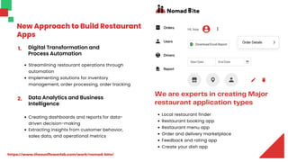 1.
2.
Streamlining restaurant operations through
automation
Implementing solutions for inventory
management, order processing, order tracking
We are experts in creating Major
restaurant application types
Digital Transformation and
Process Automation
Data Analytics and Business
Intelligence
Creating dashboards and reports for data-
driven decision-making
Extracting insights from customer behavior,
sales data, and operational metrics
Local restaurant finder
Restaurant booking app
Restaurant menu app
Order and delivery marketplace
Feedback and rating app
Create your dish app
New Approach to Build Restaurant
Apps
https://www.thesunflowerlab.com/work/nomad-bite/
 