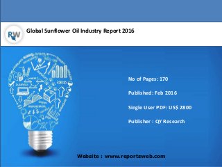 Global Sunflower Oil Industry Report 2016
Website : www.reportsweb.com
No of Pages: 170
Published: Feb 2016
Single User PDF: US$ 2800
Publisher : QY Research
 