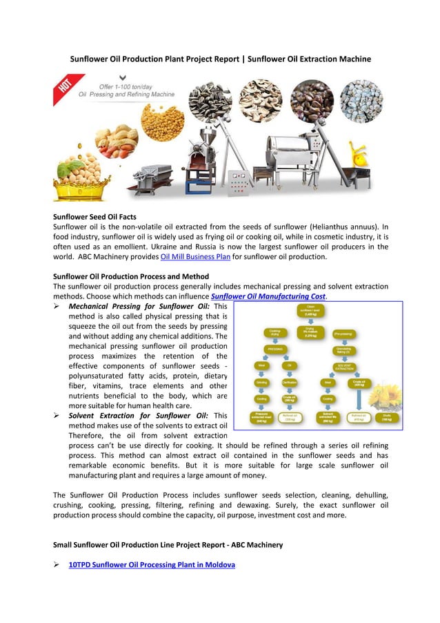 Sunflower Oil Production Plant Project Report Sunflower Oil