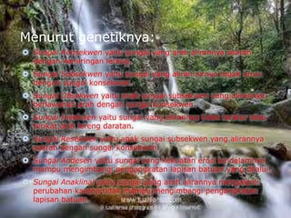 Menurut genetiknya:
 Sungai Konsekwen yaitu sungai yang arah alirannya searah
dengan kemiringan lereng.
 Sungai Subsekwen yaitu sungai yang aliran airnya tegak lurus
dengan sungai konsekwen.
 Sungai Obsekwen yaitu anak sungai subsekwen yang alirannya
berlawanan arah dengan sungai konsekwen.
 Sungai Insekwen yaitu sungai yang alirannya tidak teratur atau
terikat oleh lereng daratan.
 Sungai Resekwen yaitu anak sungai subsekwen yang alirannya
searah dengan sungai konsekwen.
 Sungai Andesen yaitu sungai yang kekuatan erosi ke dalamnya
mampu mengimbangi pengangkatan lapisan batuan yang dilalui.
 Sungai Anaklinal yaitu sungai yang arah alirannya mengalami
perubahan karena tidak mampu mengimbangi pengangkatan
lapisan batuan.
 