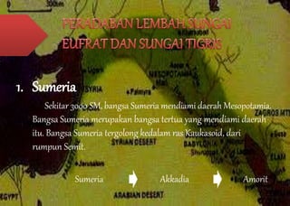 1. Sumeria 
Sekitar 3000 SM, bangsa Sumeria mendiami daerah Mesopotamia. 
Bangsa Sumeria merupakan bangsa tertua yang mendiami daerah 
itu. Bangsa Sumeria tergolong kedalam ras Kaukasoid, dari 
rumpun Semit. 
Sumeria Akkadia Amorit 
 