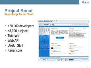 Project Kenai SourceForge for the Cloud >20,000 developers >3,000 projects Tutorials Web API Useful Stuff Kenai.com