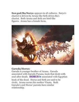 Sun god/Ra/Surya appears in all cultures. Surya's
chariot is driven by Aruna like Seth drives Ra's
chariot. Both Aruna and Seth are bird-like
figures. Aruna has a female form.
Garuda/Horus:
Garuda is younger brother of Aruna. Garuda
associated with Garuda Purana, book that deals with
soul after death. associated with Egyptian
book of the dead. Horus and Seth are said to be
rivals. Aruna curses his mother Vinata. Both
Garuda's and Horus' parents have similar
relationship.
 