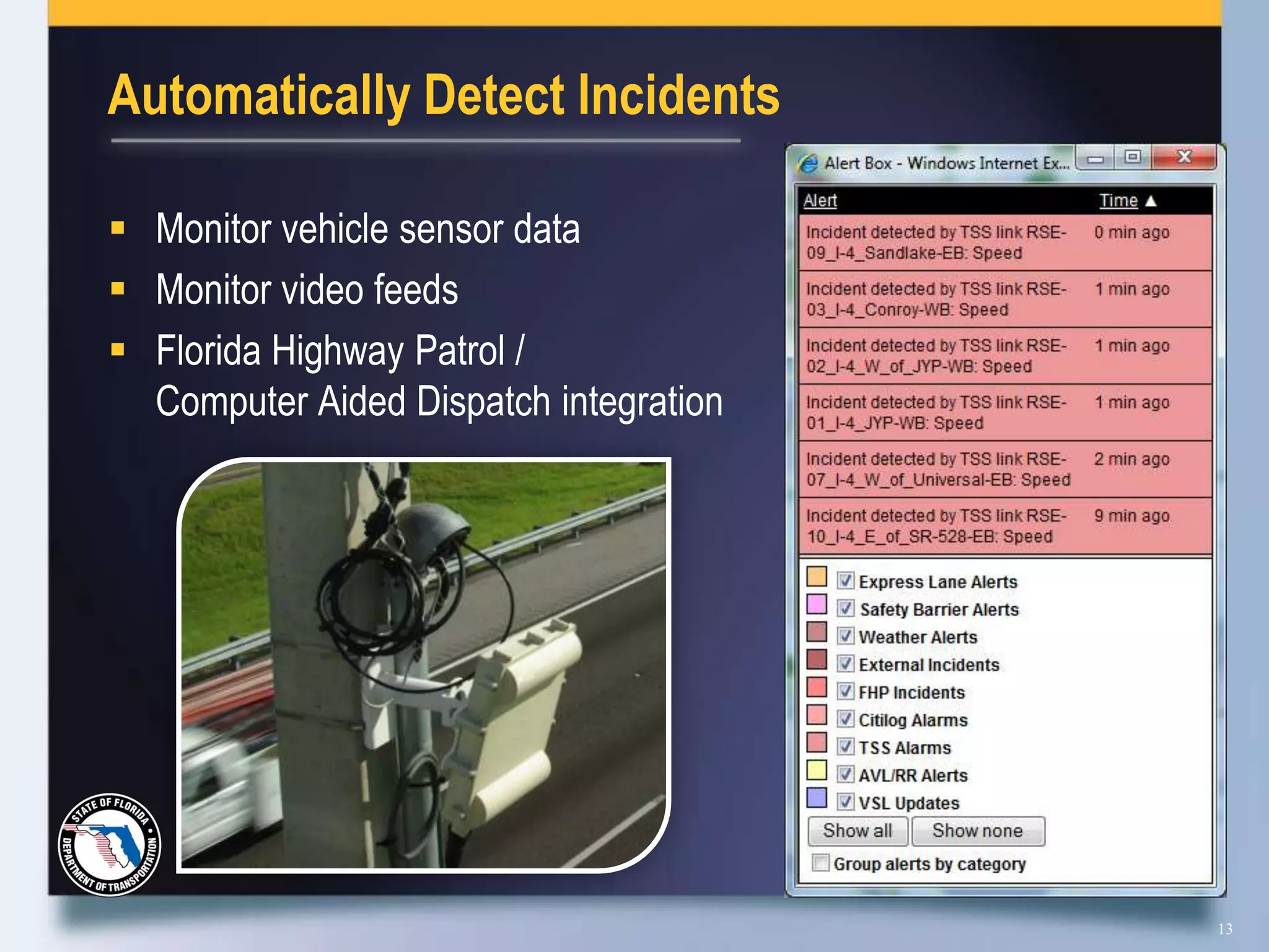 Automatically Detect Incidents

 Monitor vehicle sensor data
 Monitor video feeds
 Florida Highway Patrol /
  Computer Aided Dispatch integration




                                        13
 