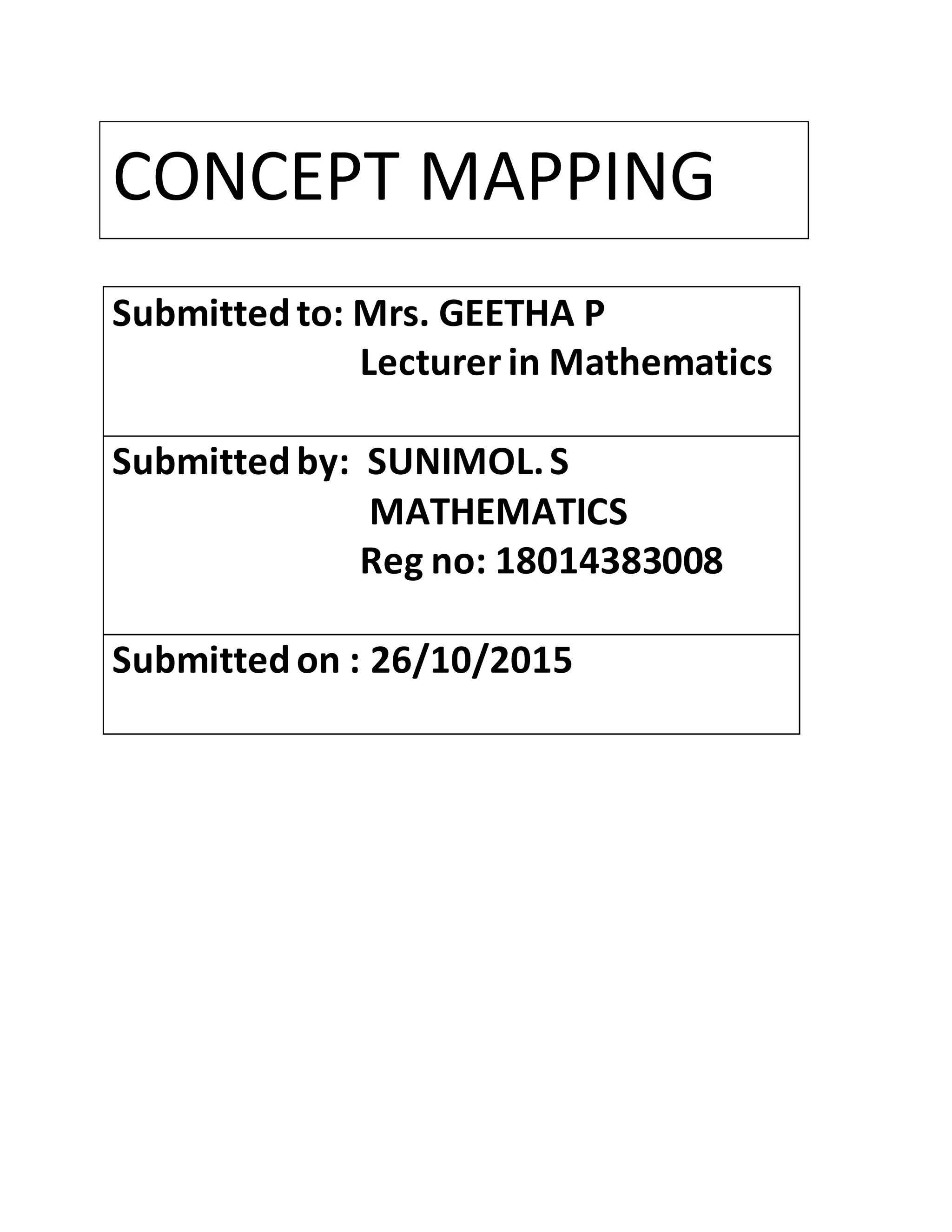 Submittedto: Mrs. GEETHA P
Lecturer in Mathematics
Submittedby: SUNIMOL.S
MATHEMATICS
Reg no: 18014383008
Submittedon : 26/10/2015
CONCEPT MAPPING
 