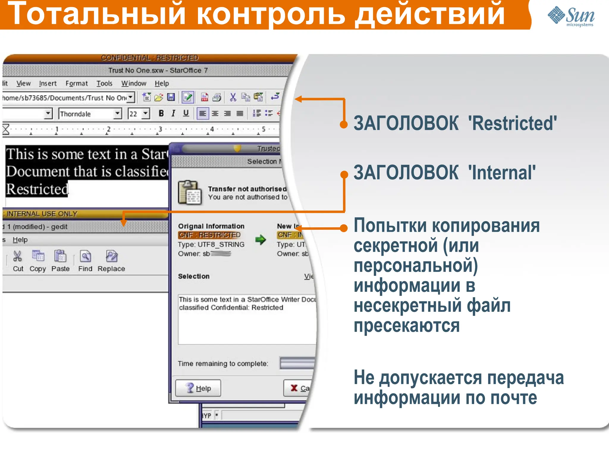 Тотальный контроль действий
ЗАГОЛОВОК 'Restricted'
ЗАГОЛОВОК 'Internal'
Попытки копирования
секретной (или
персональной)
информации в
несекретный файл
пресекаются
Не допускается передача
информации по почте
 