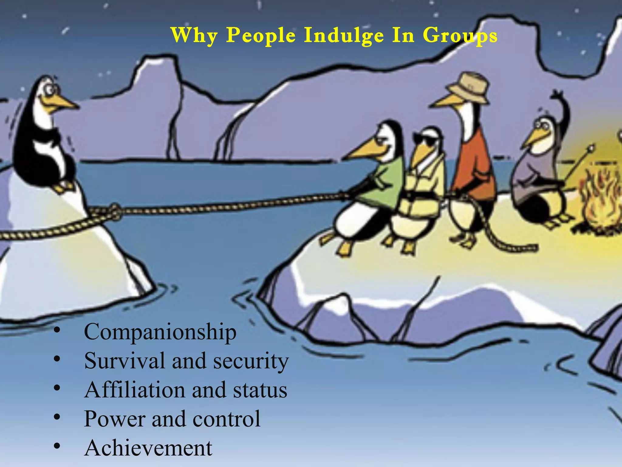 Why People Indulge In Groups
• Companionship
• Survival and security
• Affiliation and status
• Power and control
• Achievement
 
