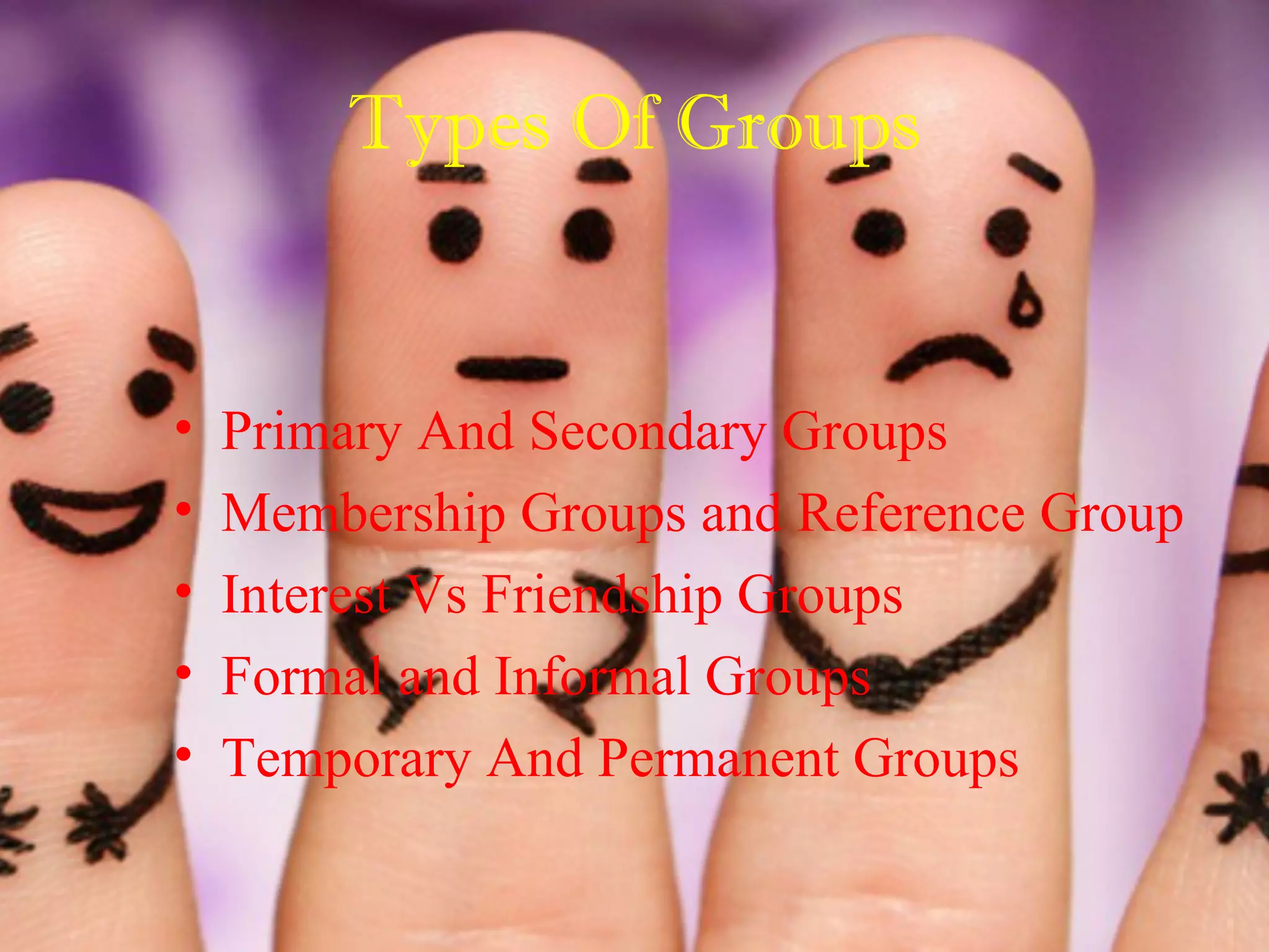 Types Of Groups
• Primary And Secondary Groups
• Membership Groups and Reference Group
• Interest Vs Friendship Groups
• Formal and Informal Groups
• Temporary And Permanent Groups
 