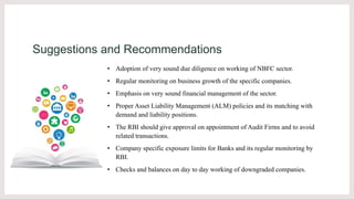 Suggestions and Recommendations
• Adoption of very sound due diligence on working of NBFC sector.
• Regular monitoring on business growth of the specific companies.
• Emphasis on very sound financial management of the sector.
• Proper Asset Liability Management (ALM) policies and its matching with
demand and liability positions.
• The RBI should give approval on appointment of Audit Firms and to avoid
related transactions.
• Company specific exposure limits for Banks and its regular monitoring by
RBI.
• Checks and balances on day to day working of downgraded companies.
 