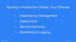 © 2015 Mesosphere, Inc. 23
Running a Production Cluster: Four Themes
1. Dependency Management

2. Deployment

3. Service Discovery

4. Monitoring & Logging
 