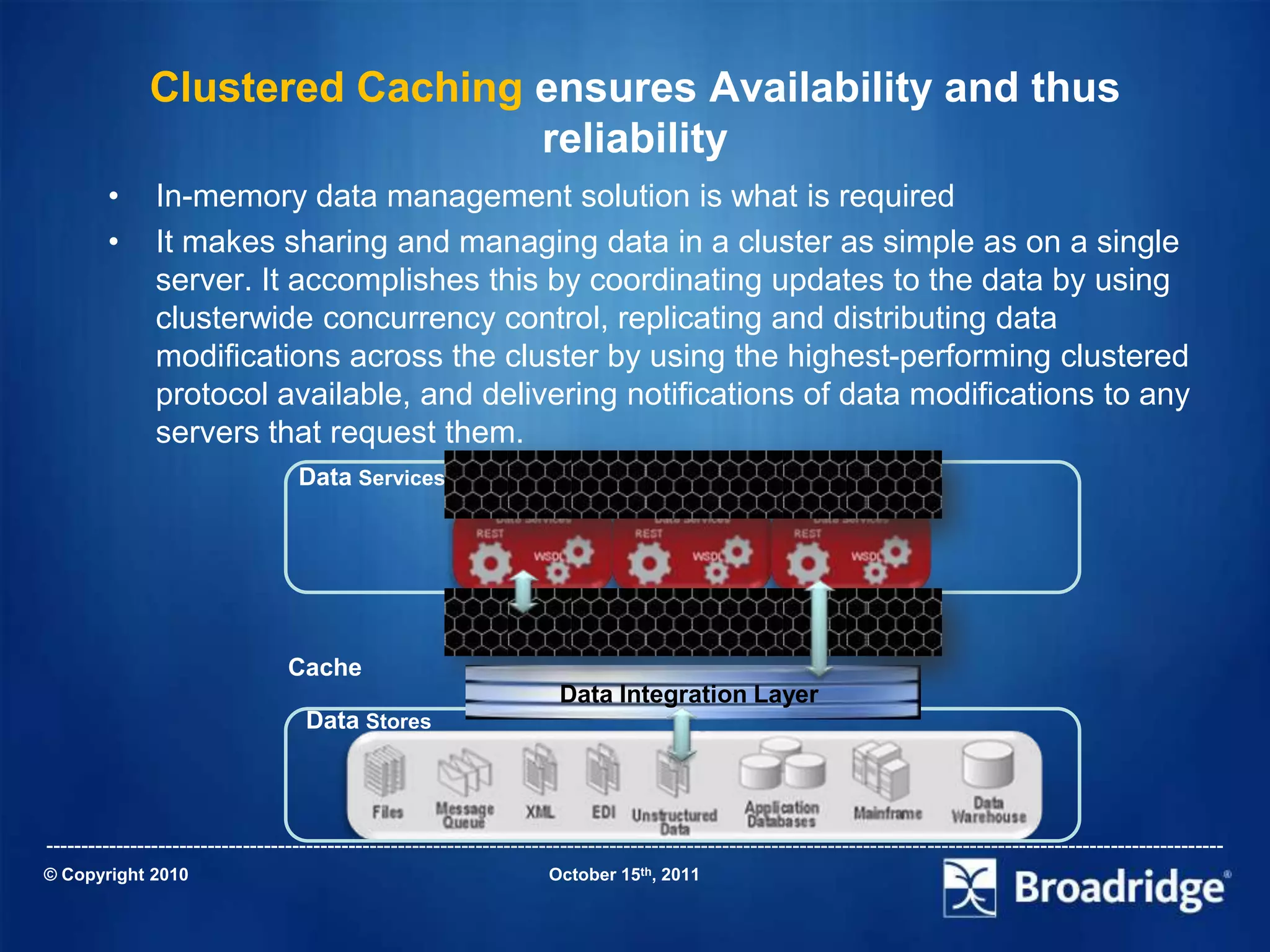 Clustered Caching ensures Availability and thus
                                reliability
        •      In-memory data management solution is what is required
        •      It makes sharing and managing data in a cluster as simple as on a single
               server. It accomplishes this by coordinating updates to the data by using
               clusterwide concurrency control, replicating and distributing data
               modifications across the cluster by using the highest-performing clustered
               protocol available, and delivering notifications of data modifications to any
               servers that request them.
                                   Data Services




                                  Cache
                                                                        Data Integration Layer
                                    Data Stores



-----------------------------------------------------------------------------------------------------------------------------------------------------------------------
© Copyright 2010                                                       October 15th, 2011
 