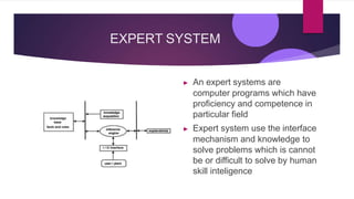 EXPERT SYSTEM
▶ An expert systems are
computer programs which have
proficiency and competence in
particular field
▶ Expert system use the interface
mechanism and knowledge to
solve problems which is cannot
be or difficult to solve by human
skill inteligence
 