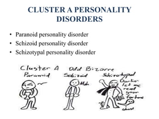 CLUSTER A PERSONALITY
DISORDERS
• Paranoid personality disorder
• Schizoid personality disorder
• Schizotypal personality disorder
 