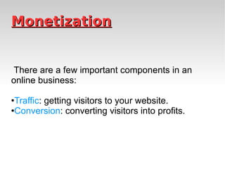 Monetization There are a few important components in an online business: Traffic : getting visitors to your website. Conversion : converting visitors into profits. 