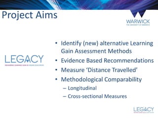 • Identify (new) alternative Learning
Gain Assessment Methods
• Evidence Based Recommendations
• Measure ‘Distance Travelled’
• Methodological Comparability
– Longitudinal
– Cross-sectional Measures
Project Aims
 
