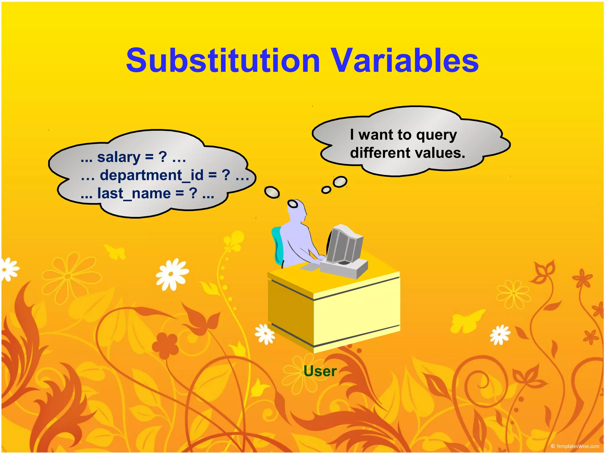 Substitution Variables

                               I want to query
... salary = ? …               different values.
… department_id = ? …
... last_name = ? ...




                        User
 