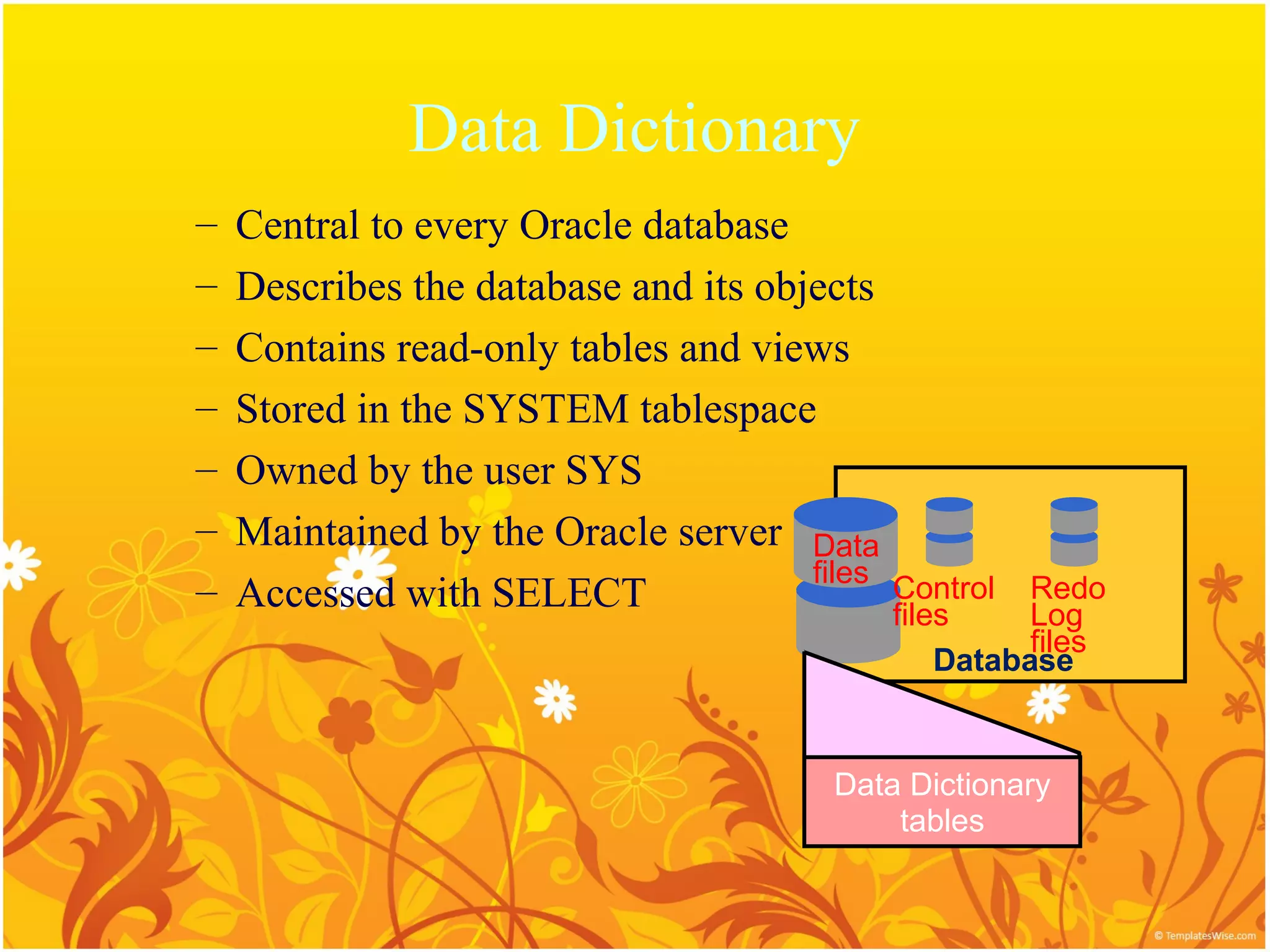 Data Dictionary
–   Central to every Oracle database
–   Describes the database and its objects
–   Contains read-only tables and views
–   Stored in the SYSTEM tablespace
–   Owned by the user SYS
–   Maintained by the Oracle server Data
                                      files
–   Accessed with SELECT                      Control Redo
                                              files     Log
                                                        files
                                                  Database


                                        Data Dictionary
                                            tables
 