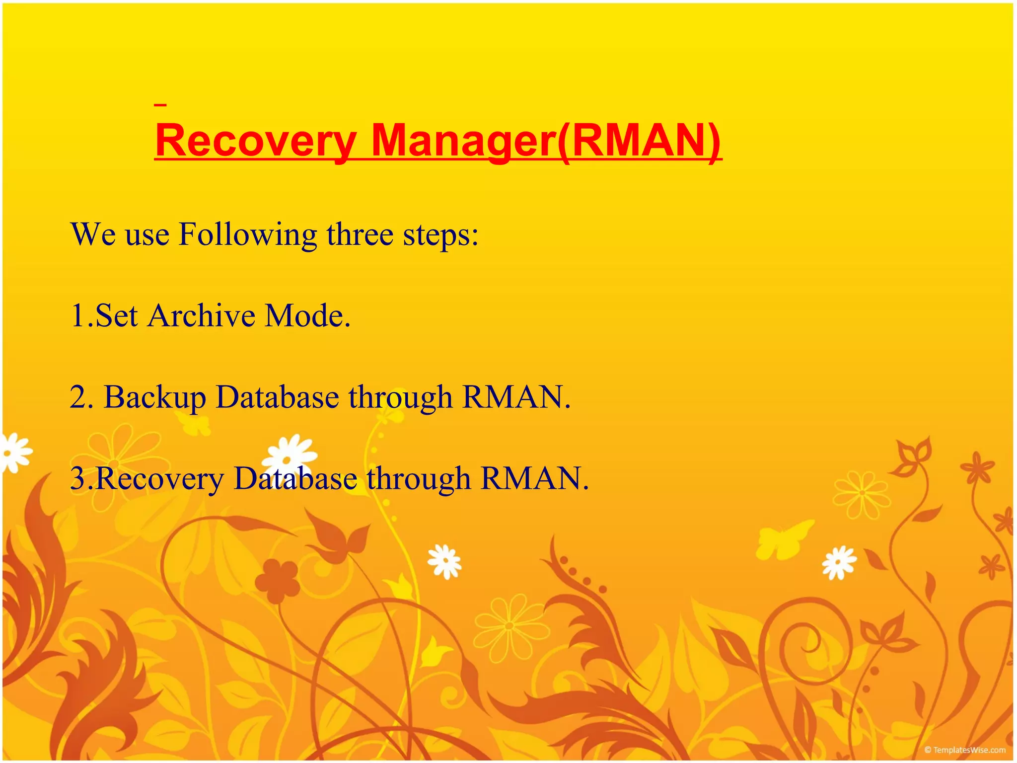 Recovery Manager(RMAN)
We use Following three steps:

1.Set Archive Mode.

2. Backup Database through RMAN.

3.Recovery Database through RMAN.
 