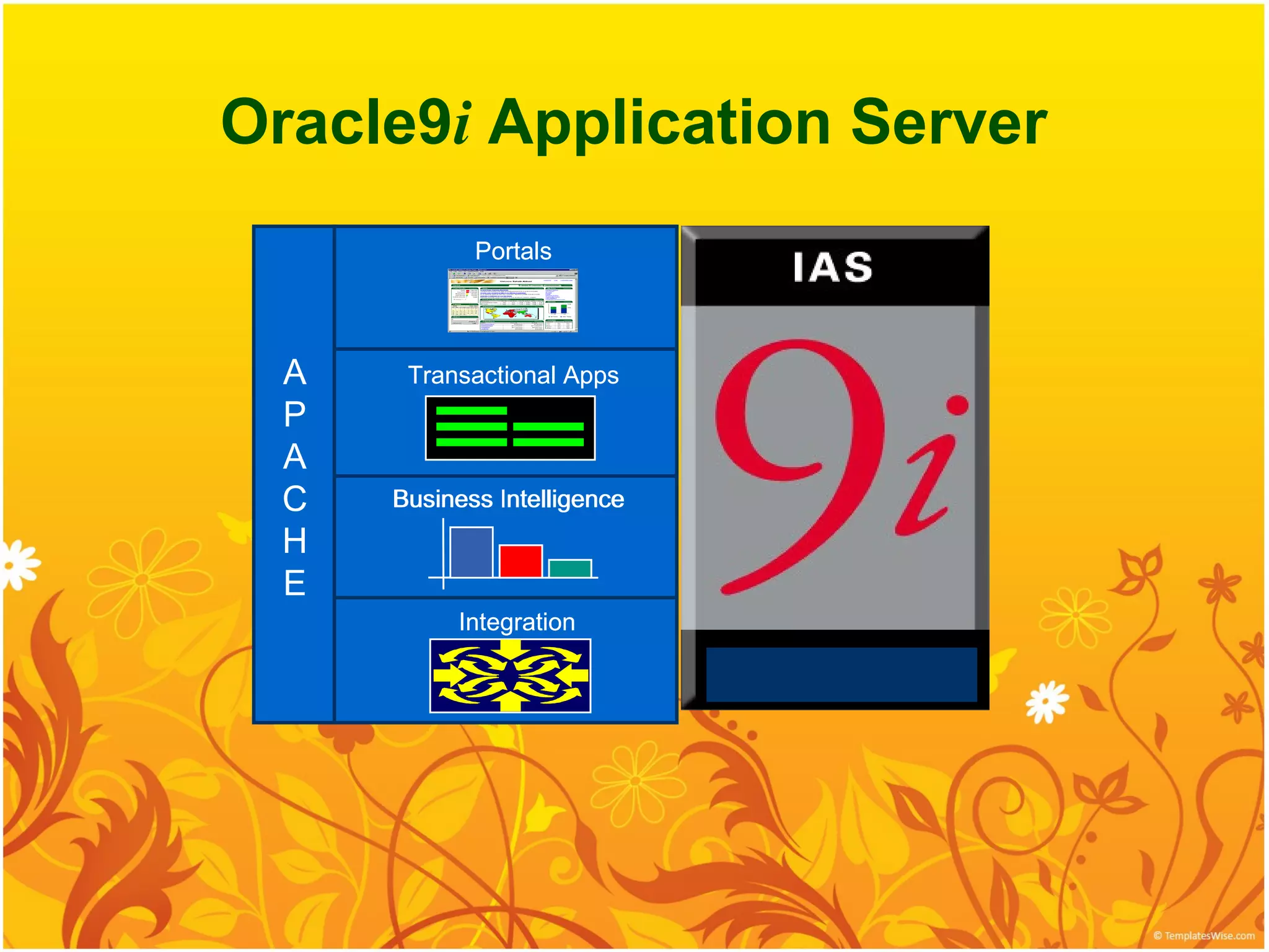Oracle9i Application Server
             Portals




  A    Transactional Apps
  P
  A
  C   Business Intelligence
               intelligence
  H
  E
           Integration
 