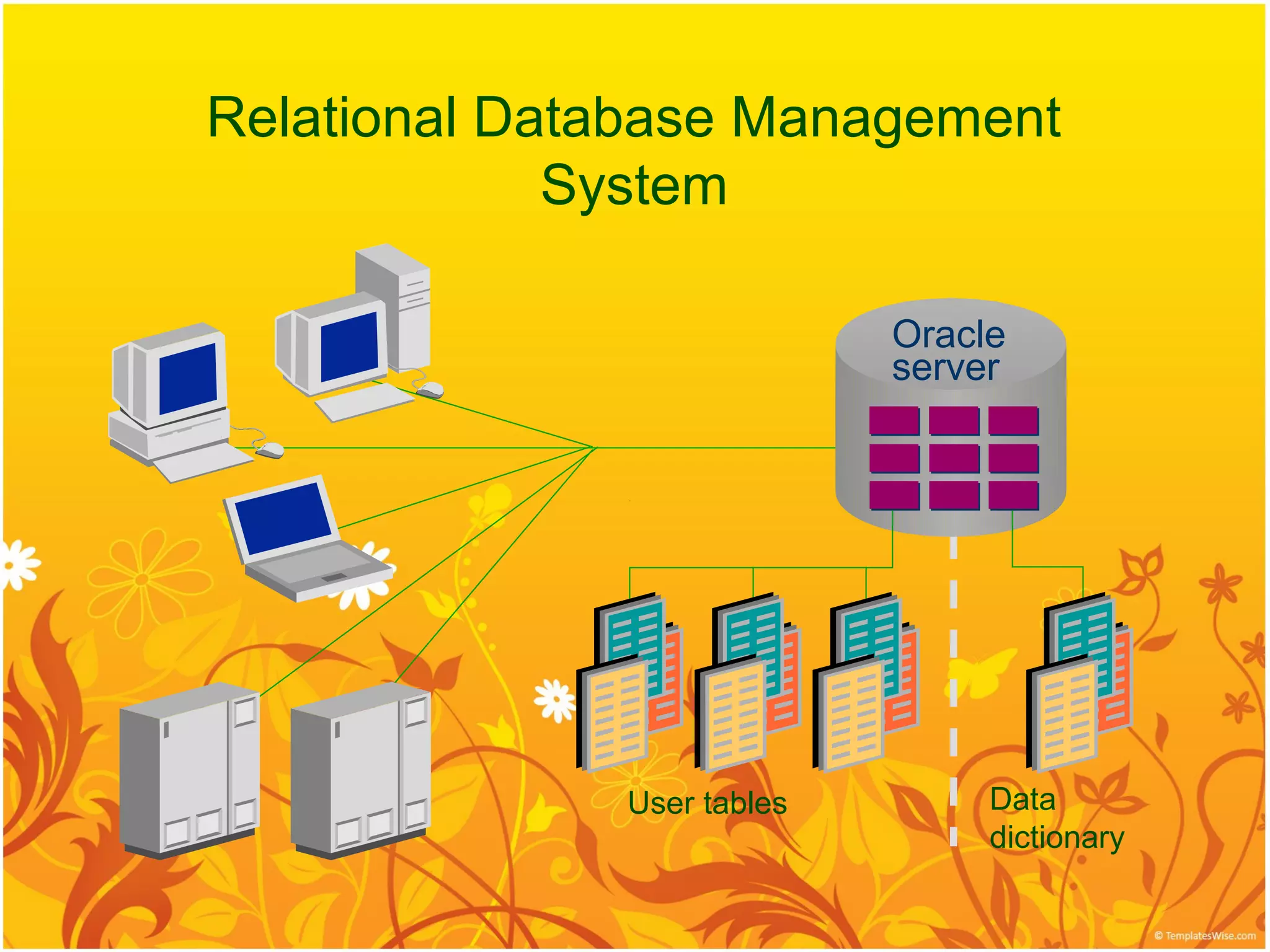 Relational Database Management
             System

                            Oracle
                            server




              User tables        Data
                                 dictionary
 