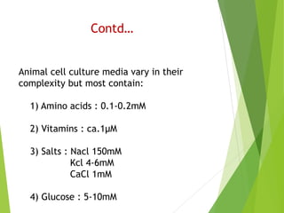 Contd…
Animal cell culture media vary in their
complexity but most contain:
1) Amino acids : 0.1-0.2mM
2) Vitamins : ca.1µM
3) Salts : Nacl 150mM
Kcl 4-6mM
CaCl 1mM
4) Glucose : 5-10mM
 