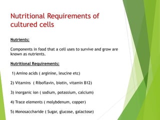 Nutritional Requirements of
cultured cells
Nutrients:
Components in food that a cell uses to survive and grow are
known as nutrients.
Nutritional Requirements:
1) Amino acids ( arginine, leucine etc)
2) Vitamins ( Riboflavin, biotin, vitamin B12)
3) inorganic ion ( sodium, potassium, calcium)
4) Trace elements ( molybdenum, copper)
5) Monosaccharide ( Sugar, glucose, galactose)
 