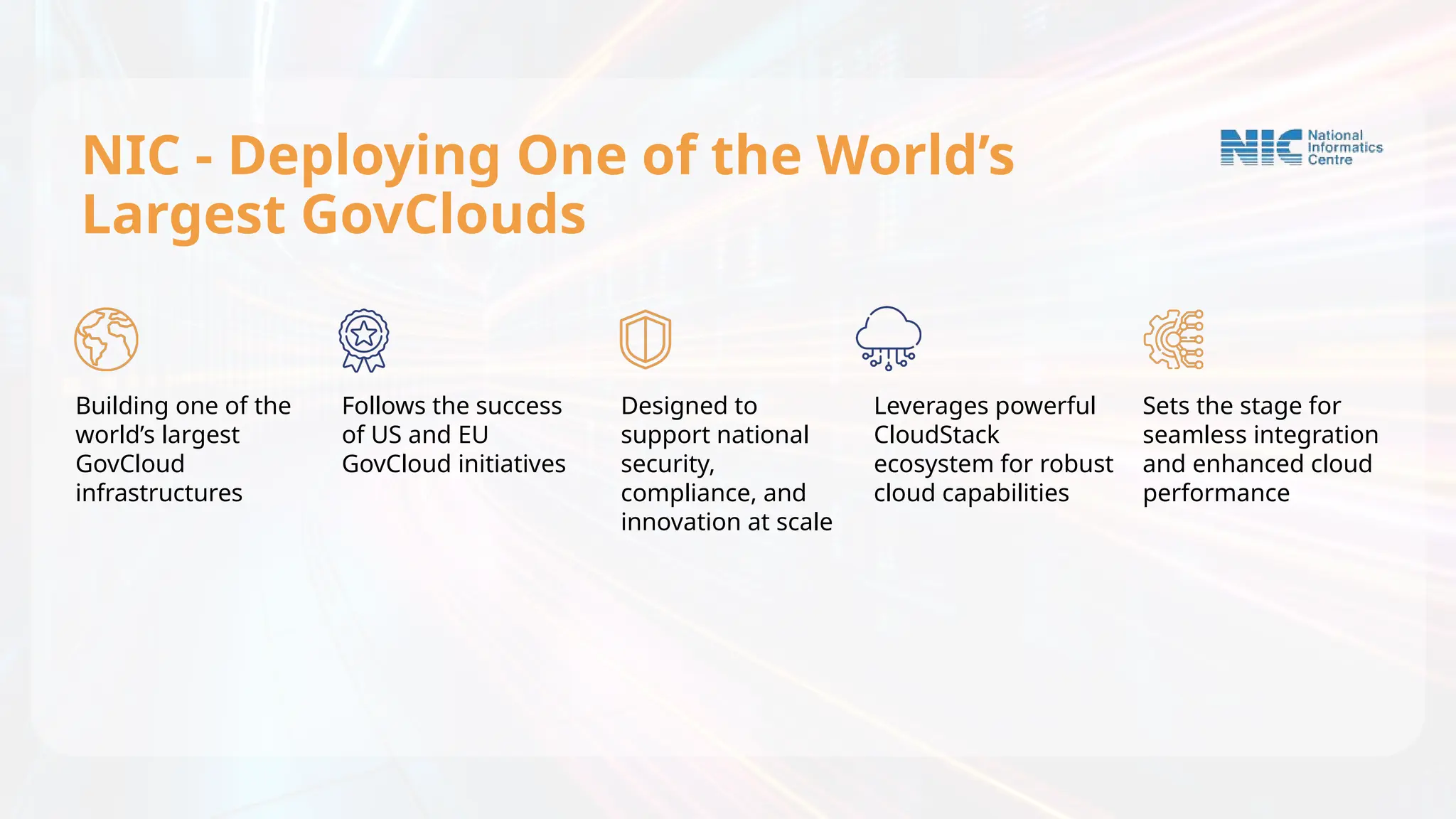 NIC - Deploying One of the World’s
Largest GovClouds
Building one of the
world’s largest
GovCloud
infrastructures
Follows the success
of US and EU
GovCloud initiatives
Designed to
support national
security,
compliance, and
innovation at scale
Leverages powerful
CloudStack
ecosystem for robust
cloud capabilities
Sets the stage for
seamless integration
and enhanced cloud
performance
 