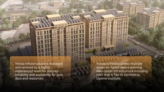 Yntraa infrastructure is managed
and serviced by a highly
experienced team for assured
reliability and availability for your
data and resources.
Yntraa is hosted across multiple
zones on Yotta’s award-winning
data center infrastructure including
NM1 that is Tier-IV certified by
Uptime Institute.
 